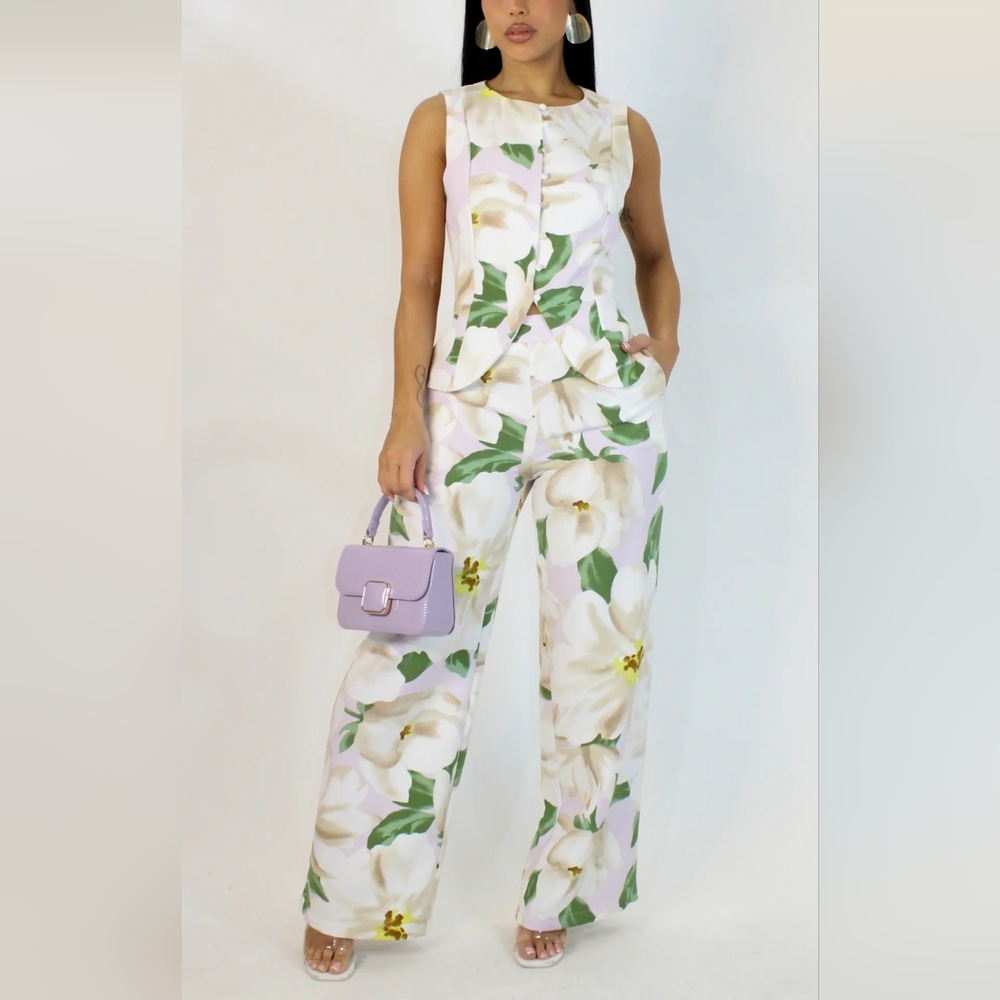 Wide Leg Floral Jumpsuit - White & Green